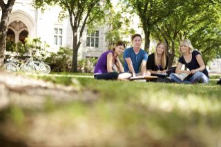 Teens studying on campus grass