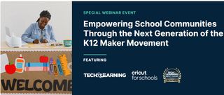 "Empowering School Communities Through the Next Generation of the K12 Maker Movement" with teacher at desk.